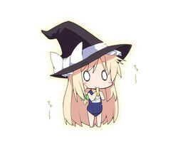  blonde_hair braid chibi commentary_request female hat hat_ribbon kirisame_marisa ladfa o_o one-piece_swimsuit photoshop_(medium) ribbon school_swimsuit solo swimsuit touhou tupet witch_hat 