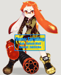  bike_shorts blunt_bangs camouflage commentary_request etsuo female gun heavy_splatling_(splatoon) hood hoodie huge_weapon ink_tank_(splatoon) inkling inkling_girl inkling_player_character long_hair looking_at_viewer orange_eyes orange_hair pointy_ears shoes short_eyebrows smile sneakers solo splatoon_(series) splatoon_1 squid tentacle_hair weapon 