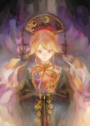  black_dress chinese_clothes closed_mouth commentary_request dress female hands_in_opposite_sleeves hat highres hogecomhoge junko_(touhou) long_hair long_sleeves looking_at_viewer orange_hair red_eyes smile solo tabard touhou upper_body wide_sleeves 