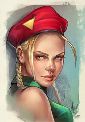  antenna_hair beret blonde_hair blue_eyes braid breasts cammy_white cedric_poulat collaboration commentary english_commentary eyelashes female freckles hat leotard lips long_hair medium_breasts nose photoshop_(medium) signature sinhalite street_fighter twin_braids upper_body 