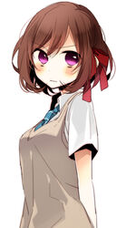  arms_behind_back b-ko_(shuuen_no_shiori) blush brown_hair commentary_request female looking_at_viewer naoto_(tulip) purple_eyes short_hair shuuen_no_shiori_project simple_background solo white_background 