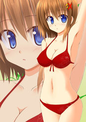  arm_behind_head armpits bikini blue_eyes blush breasts brown_hair cleavage commentary_request female hair_ornament lask lyrical_nanoha mahou_shoujo_lyrical_nanoha_strikers medium_breasts navel red_bikini short_hair solo swimsuit x_hair_ornament yagami_hayate zoom_layer 