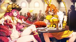  2girls awilda_(eiyuu_senki) bare_shoulders bikini_top blue_eyes breasts character_request cleavage cup drink eiyu_senki_gold eiyuu_senki eiyuu_senki_gold food game_cg hat helmet highres jewelry large_breasts legs legs_crossed long_hair looking_at_viewer looking_away lots_of_jewelry medium_breasts multiple_girls navel ooyari_ashito open_mouth orange_hair pink_hair ryofu_(eiyuu_senki) short_hair sitting spread_legs table tenco thighs thong 