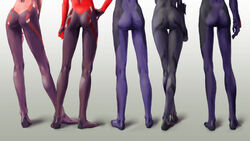  101_(lo10) 2boys 3girls ass ayanami_rei black_bodysuit bodysuit commentary_request crossed_legs evangelion:_3.0_you_can_(not)_redo from_behind gloves gradient_background grey_background hand_on_own_hip hand_on_own_thigh highres holding_own_arm ikari_shinji kneepits leaning_forward legs legs_apart lineup lower_body makinami_mari_illustrious multiple_boys multiple_girls nagisa_kaworu neon_genesis_evangelion pilot_suit plugsuit rebuild_of_evangelion skin_tight skinny souryuu_asuka_langley standing thigh_gap 