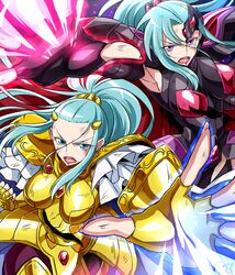  2girls arai_nobu armor blue_eyes blue_hair breasts cape commentary_request gemini_integra gemini_paradox gold_armor gold_saint large_breasts lips looking_at_viewer multiple_girls open_mouth purple_eyes saint_seiya saint_seiya_omega siblings sisters sky star_(sky) twins 