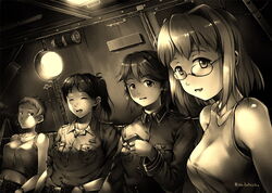  4girls :d ^_^ anna_blume artist_name bare_shoulders belt breasts cigarette cleavage closed_eyes closed_mouth collar collarbone commentary_request filicia_heideman glasses highres hino_katsuhiko indoors long_sleeves looking_at_viewer martina_syrovy medium_breasts medium_hair midriff military military_uniform miyaoka_yukiko mole mole_under_eye monochrome multiple_girls natsugou_shinogi navel open_mouth pocket ponytail sepia shirt short_hair sleeveless sleeveless_shirt smile smoking sora_no_woto straight_hair tank_top uniform upper_body watch 