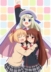  3girls bat_hair_ornament blonde_hair blue_eyes brown_hair cape closed_eyes commentary_request grey_hair hair_ornament hat kamikita_komari koa little_busters! long_hair multiple_girls natsume_rin noumi_kudryavka oerba_yun_fang plaid plaid_skirt red_eyes school_uniform short_hair skirt 