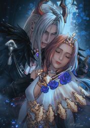  1boy aerith_gainsborough aerith_gainsborough_(prism_dress) aqua_eyes ascot black_feathers black_gloves black_jacket blood blood_from_mouth blood_on_neck blue_flower blue_gemstone blue_ribbon blue_rose braid breasts brown_hair choker cleavage closed_eyes dated demon_horns detached_sleeves dress dress_flower fangs feather_trim feathers female final_fantasy final_fantasy_vii final_fantasy_vii_ever_crisis flower gem gloves gold_trim grey_hair hair_ribbon hand_on_another&#039;s_arm highres horns jacket kay-i long_hair low_ponytail medium_breasts official_alternate_costume parted_bangs parted_lips plunging_neckline ponytail ribbon rose see-through_clothes see-through_sleeves sephiroth sephiroth_(dark_harbinger) sidelocks single_braid single_sleeve straight tiara twintails upper_body white_ascot white_dress white_sleeves 