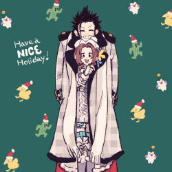  1boy aerith_gainsborough aerith_gainsborough_(fairy_of_snowfall) black_hair cable_knit chocobo closed_mouth couple cross_scar dress female final_fantasy final_fantasy_vii final_fantasy_vii_ever_crisis fingerless_gloves flower gloves green_background grin hands_in_pockets hat highres looking_at_viewer moogle nobu_(25mark) official_alternate_costume open_mouth sabotender santa_hat scar scar_on_cheek scar_on_face scarf shared_clothes shared_coat smile teeth thigh_strap thighhighs white_dress white_gloves yellow_flower zack_fair zack_fair_(holiday_suit) 