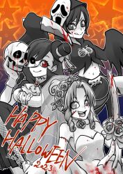  3girls aerith_gainsborough artist_name ascot black_hoodie blood blood_on_face blood_on_weapon bouquet breasts bridal_veil bridge cosplay crop_top dated dress final_fantasy final_fantasy_vii ghostface ghostface_(cosplay) gloves grey_eyes hair_between_eyes hair_bun half_mask hat head_wreath highres holding holding_bouquet holding_knife holding_skull hood hood_up hoodie knife long_hair mask mask_on_head medium_breasts midriff mini_hat multiple_girls parted_bangs red_eyes shikiwo short_hair sidelocks skull stitched_arm stitches tifa_lockhart tongue tongue_out updo upper_body veil weapon wedding_dress white_ascot white_gloves yuffie_kisaragi 