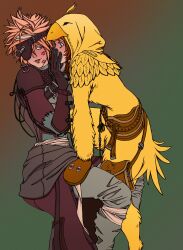  1boy aerith_gainsborough aerith_gainsborough_(chocobo_suit) armor bandaged_head bandaged_leg bandaged_torso bandages belt bird_costume black_gloves blonde_hair blue_eyes blush breasts brown_bag brown_belt brown_gloves brown_hair cable chest_strap chocobo cloud_strife cloud_strife_(bandaged_coat) couple eyepatch feather_trim feet_out_of_frame female final_fantasy final_fantasy_vii final_fantasy_vii_ever_crisis gloves gradient_background green_eyes grey_gloves grey_pants hair_between_eyes halloween_costume hand_on_another&#039;s_face hand_on_another&#039;s_thigh herzenreine highres hood hood_up lipstick_mark lipstick_mark_on_face long_hair medium_breasts messy_hair object_through_head official_alternate_costume pants parted_bangs pouch screw_in_head short_hair shoulder_armor sidelocks spiked_hair stitched_arm stitches straight thigh_pouch two-sided_gloves 