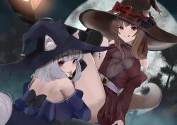  2girls absurdres alternate_costume araca_ra bare_shoulders black_boots black_hat blue_dress blurry boots bow breasts brown_hair brown_hat brown_tail candy commentary depth_of_field detached_sleeves dress ears_through_headwear english_commentary food frilled_sleeves frills full_moon grey_hair grey_thighhighs halloween_costume hat highres holding holding_candy holding_food holo impossible_clothes impossible_dress legs_up long_sleeves looking_at_viewer looking_back medium_breasts medium_hair moon mother_and_daughter mouth_hold multiple_girls myuri_(spice_and_wolf) night night_sky off-shoulder_dress off_shoulder outdoors red_bow red_dress red_eyes sash short_dress sky smile spice_and_wolf star_(sky) starry_sky thighhighs thighs tongue tongue_out tree white_sash witch_hat wolf_girl 