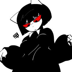  1:1 2025 accessory anthro black_clothing black_dress black_hair black_sweater black_topwear breasts catwitch_(xarop77) clothing cross digital_drawing_(artwork) digital_media_(artwork) domestic_cat dress eyelashes eyeshadow felid feline felis female grey_eyeshadow hair hair_accessory hairclip half-length_portrait hi_res inverted_cross inverted_cross_hair_clip looking_down looking_down_at_self makeup mammal mouth_closed portrait red_sclera simple_background solo sweater text topwear white_background white_body white_ears xarop77 