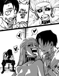  1boy 2girls black_sclera colored_sclera cuck_chair_(meme) dingotoad highres jujutsu_kaisen meme multiple_girls netorare okkotsu_yuta out-of-frame_censoring reverse_netorare uro_takako zen'in_maki 