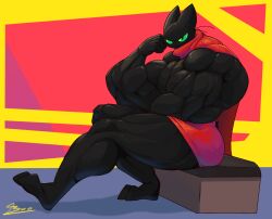 anthro big_muscles boxer_briefs cape cartoon_network clothing domestic_cat felid feline felis hi_res huge_muscles hyper hyper_muscles looking_at_viewer male mammal mao_mao:_heroes_of_pure_heart muscular muscular_male sheriff_mao_mao_mao sitting solo underwear unusualboo54 