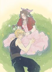  1boy aerith_gainsborough bangle belt black_pants black_shirt blonde_hair bracelet braid braided_ponytail breasts brown_belt brown_hair choker cleavage clily027 closed_eyes cloud_strife cropped_jacket crying dress female final_fantasy final_fantasy_vii final_fantasy_vii_rebirth final_fantasy_vii_remake grass hair_ribbon hand_on_another&#039;s_head jacket jewelry lap_pillow long_dress long_hair medium_breasts pants parted_bangs pink_dress pink_ribbon puffy_short_sleeves puffy_sleeves red_jacket ribbon shirt short_hair short_sleeves sidelocks single_bare_shoulder single_braid sitting sleeveless sleeveless_turtleneck spiked_hair straight suspenders tears turtleneck 