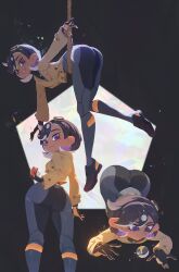  all_fours ass black_bodysuit black_hair blush bodysuit bodysuit_under_clothes breasts brown_jacket closed_mouth cosplay dark-skinned_female dark_skin emma_(pokemon) emma_(pokemon)_(cosplay) female gloves hair_ornament highres jacket latex latex_bodysuit looking_at_viewer octoling octoling_girl octoling_player_character open_mouth orange_gloves poke_ball pokemon pokemon_legends:_z-a purple_eyes purple_hair rope short_hair smile splatoon_(series) splatoon_2 splatoon_3 tentacle_hair top-down_bottom-up two-tone_gloves ultra_ball zhang_tian57284 