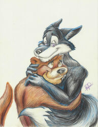  2021 anthro black_body black_eyebrows black_fur black_nose brown_body brown_fur canid canine colored_pencil_(artwork) duo eyebrows fox fur fuzzycat hi_res hug hugging_another kory_hedley male male/male mammal mustelid otter purple_eyes samaki_roden shaded simple_background smile smile_lines snout tail tail_around_another traditional_media_(artwork) waterways whiskers white_background white_body white_fur yellow_eyes 