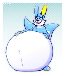  2025 2_tails anthro belly belly_inflation big_belly blush embarrassed empgrem grin hair hi_res huge_belly inflation lagomorph leporid male mammal multi_tail nude_anthro nude_male rabbit shinespark_(rabbit) short_hair smile solo tagme tail three-quarter_view 