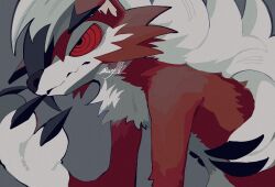  ambiguous_gender anthro biped claws digital_drawing_(artwork) digital_media_(artwork) fur generation_7_pokemon grey_background hi_res lycanroc midnight_lycanroc mouth_closed nintendo nude pokemon pokemon_(species) red_body red_fur red_sclera shaded signature simple_background solo three-quarter_view usag11100 white_body white_fur 