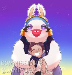  2024 5_fingers absurd_res accessory anthro arms_bent artist_name black_clothing black_eyebrows black_hair black_topwear black_vest black_wristband blue_clothing blue_headband blue_shirt blue_sky blue_topwear blush blush_lines brown_hair button_(fastener) clear_sky clothed clothed_anthro clothed_female clothing crossover digital_drawing_(artwork) digital_media_(artwork) double_chin duo ear_piercing english_description english_text eyebrows eyelashes eyeshadow eyewear eyewear_on_head female fingers fully_clothed fully_clothed_anthro fully_clothed_female fur goggles goggles_on_head grey_clothing grey_overalls hair happy headband hi_res hug hugging_another hugging_from_behind human jami_purple lagomorph larger_anthro larger_female light lighting lips long_ears makeup male male/female male_human mammal mario_bros mario_plus_rabbids_sparks_of_hope mitten_hands momma_(mario_plus_rabbids) nintendo noseless nut_(hardware) obese obese_anthro obese_female open_clothing open_topwear open_vest outside overalls overweight overweight_anthro overweight_female piercing purple_eyeshadow rabbid raving_rabbids rayman_(series) red_lips shaded shirt shooting_star short_hair size_difference sky smaller_human smaller_male star starry_sky tan_body tan_inner_ear tan_skin teeth text thick_lips tooth_gap toothy_grin topwear ubisoft vest white_body white_clothing white_fur white_shirt white_topwear 