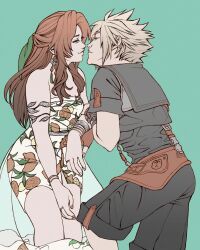  1boy aerith_gainsborough aerith_gainsborough_(citric_dress) armlet bare_shoulders belt black_romper black_sailor_collar black_shirt black_shorts blonde_hair blue_eyes bracelet breasts brown_belt brown_gloves brown_hair choker cloud_strife cloud_strife_(maritime_sailor) couple cowboy_shot crop_top dress earrings female final_fantasy final_fantasy_vii final_fantasy_vii:_ever_crisis fingerless_gloves food-themed_earrings food_print fruit_print gloves green_background green_eyes green_ribbons hair_ribbon half_updo hand_on_another&#039;s_arm herzenreine highres imminent_kiss jewelry layered_dress long_dress long_hair looking_at_viewer medium_breasts multicolored_nails multiple_bracelets multiple_rings nail_polish official_alternate_costume orange-shaped_earrings orange-shaped_ornament orange_nails orange_print parted_bangs ribbon ring romper sailor_collar see-through_clothes see-through_skirt shirt short_hair short_sleeves shorts sidelocks single_earring single_fingerless_glove skirt spiked_hair straight strapless strapless_dress suspenders two-tone_nails wristband 