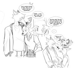  2024 anthro antlers beastars belly big_belly bodily_fluids bottomwear canid canine canis claws clothing comforting_another deer dialogue duo facial_scar fur hand_in_pocket hand_on_belly hi_res horn jacket legoshi_(beastars) louis_(beastars) male male/male mammal monochrome pants pockets predator/prey pregnant pregnant_male scar shirt sighing sketch_page sniffing speech_bubble sweat sweatdrop tears topwear vest viat_on wolf 