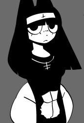  2025 anthro bangs black_clothing black_hair breasts catwitch_(xarop77) clothing cross curvy_figure digital_media_(artwork) domestic_cat eyelashes felid feline felis female grey_background hair hi_res inverted_cross mammal mouth_closed nun nun_outfit portrait simple_background solo three-quarter_portrait white_body white_sclera xarop77 