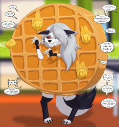  anthro breakfast canid canid_demon canine clothing costume demon female food food_costume hellaverse hellhound helluva_boss hi_res loona_(helluva_boss) mammal mythological_canine mythological_creature mythology runningtoaster solo waffle waffle_costume 