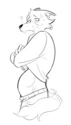  2024 anthro beastars belly belly_exposed big_belly bodily_fluids bottomwear canid canine canis clothed clothing clothing_lift facial_scar fur legoshi_(beastars) looking_away male mammal monochrome notched_ear pants pregnant pregnant_male question_mark scar shirt shirt_lift solo sweat sweatdrop topwear viat_on wolf 