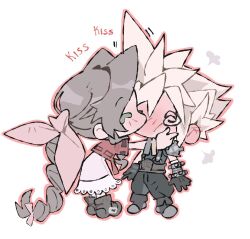  @_@ aerith_gainsborough armor armored_gloves bangle black_boots black_pants black_shirt blonde_hair blush boots bracelet braid braided_ponytail brown_boots brown_hair chibi chibi_only closed_eyes cloud_strife couple cropped_jacket dress ear_blush final_fantasy final_fantasy_vii final_fantasy_vii_remake full_body hair_between_eyes hair_ribbon hand_on_another&#039;s_cheek hand_on_another&#039;s_face highres jacket jewelry kissing long_dress long_hair mmmckayyy pants parted_bangs pauldrons pink_dress pink_ribbon red_jacket ribbon shirt short_hair shoulder_armor sidelocks single_braid single_pauldron sleeveless sleeveless_shirt spiked_hair straight white_background 