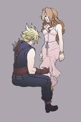  1boy aerith_gainsborough armor bangle bare_shoulders belt black_boots black_pants black_shirt blonde_hair boots bracelet breasts brown_belt brown_boots brown_gloves brown_hair buttons cleavage clothes_lift cloud_strife couple dress dress_lift female final_fantasy final_fantasy_vii final_fantasy_vii_rebirth final_fantasy_vii_remake full_body gloves grey_background hand_on_another&#039;s_leg herzenreine highres jewelry long_dress long_hair looking_at_another medium_breasts multiple_belts pants parted_bangs parted_lips pauldrons pink_dress shirt short_hair shoulder_armor sidelocks single_bare_shoulder single_pauldron sitting sleeveless sleeveless_dress sleeveless_turtleneck spiked_hair straight sundress suspenders turtleneck wavy_hair 