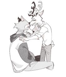  2024 anthro antlers beastars belly belt_buckle big_belly bottomwear buckle canid canine canis closed_eyes clothing comforting_another duo facial_scar fur hands_on_shoulders horn jacket legoshi_(beastars) looking_up louis_(beastars) male male/male mammal notched_ear pants predator/prey pregnant pregnant_male scar shirt sitting standing topwear viat_on wolf 