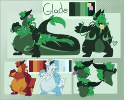  2020 2_horns alternate_color ambiguous_gender anthro autumn belly big_belly biped black_horn character_name color_swatch countershading dragon elemental_creature flora_fauna flower glade_(fluffydragonn) green_body green_heart green_leaves horn leaf leaf_hair model_sheet multiple_images mythological_creature mythological_scalie mythology nonbinary_(lore) orange_body orange_countershading pink_flower plant plant_hair pseudo_hair purple_tongue scalie solo syntaxaero tail text thick_tail tongue tongue_out vines white_leaves winter yellow_flower 