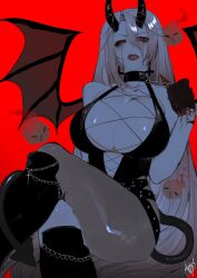  breasts chain_leash chains commentary commission cowboy_shot cross crossed_legs demon_girl demon_horns demon_tail demon_wings double-parted_bangs english_commentary female greyscale_with_colored_background hair_between_eyes highres horns huge_breasts inverted_cross inverted_cross_earrings leash leotard lipstick long_hair looking_at_viewer makeup nxctes original parted_lips red_background red_eyes second-party_source simple_background solo spot_color tail wings 