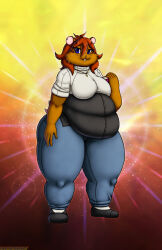  2025 absurd_res anthro belly big_breasts black_circus book bottomwear breasts brown_body brown_fur brown_hair clothing cricetid cross digital_media_(artwork) ear_piercing female footwear fur hair hamster hi_res janet_stoffa jewelry mammal necklace overweight overweight_anthro overweight_female pants piercing rodent shirt shoes short_tail socks solo tail thick_thighs topwear viroveteruscy 