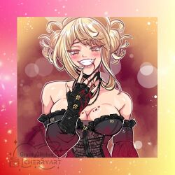  artist_name bare_shoulders bead_necklace beads black_choker black_gloves blonde_hair blood blood_from_mouth blood_on_breasts blood_on_hands boku_no_hero_academia breasts cherryart331 choker cleavage commentary detached_sleeves double_bun english_commentary fangs female fingerless_gloves gloves grin hair_bun highres jewelry large_breasts necklace raised_eyebrows sidelocks smile solo strapless toga_himiko watermark yellow_eyes 