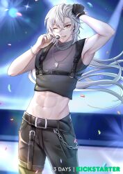  1boy ;d a_date_with_death abs absurdres aegyo_sal arm_up armpits belt black_gloves black_shirt casper_(a_date_with_death) chest_belt contrapposto countdown falling_petals fingerless_gloves gloves grin hair_over_shoulder highres holding holding_microphone jellyfish_cut jewelry male_focus microphone necklace official_art one_eye_closed petals promotional_art red_eyes shirt single_glove sleeveless sleeveless_shirt smile solo spotlight strapless toned toned_male tube_top white_hair 