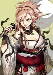  artist_name bandaged_arm bandages bare_shoulders beads breasts cleavage copyright_notice cowboy_shot earrings fate/samurai_remnant fate_(series) female floral_print goshiko86g green_eyes grin hair_beads hair_ornament highres holding holding_sword holding_weapon japanese_clothes jewelry katana kimono large_breasts long_hair long_sidelocks long_sleeves looking_to_the_side magatama magatama_necklace miyamoto_musashi_(fate) miyamoto_musashi_(woman_of_niten_ichiryuu)_(fate) necklace off_shoulder pink_hair scabbard sheath sidelocks single_sidelock smile solo sword teeth weapon white_kimono wide_sleeves 
