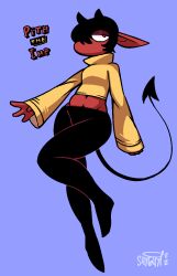  2022 anthro artist_name black_bottomwear black_clothing black_hair black_pants blue_background bottomwear character_name clothing dated demon hair half-closed_eyes hi_res horn imp long_sleeve_shirt male midriff mouthless narrowed_eyes pants pith red_body red_eyes shirt shyguy9 simple_background solo spade_tail species_name tail text topwear yellow_clothing yellow_shirt yellow_topwear 