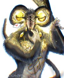  2025 2_horns 5_fingers bovid caprine caprine_demon colored demon elden_ring_nightreign fingers fromsoftware ga1ahad_abyss hi_res horn humanoid_hands libra_creature_of_night male mammal multi_eye multiple_piercings nude piercing sheep_demon signature simple_background solo white_background 