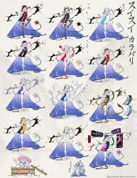  absurdres bathing bombergirl bombergirl_official chibi china_dress chinese_clothes double_bun dragon_tail dress expressionless female flat_chest full_body gradient_hair hair_bun hat highres long_hair multicolored_hair multiple_views official_art standing standing_on_one_leg suisui_(bombergirl) tail very_long_hair white_eyes white_hair 