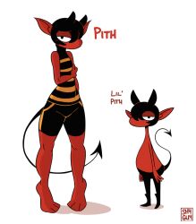  anthro artist_name barefoot black_hair blush bottomwear character_name clothed clothing demon feet hair half-closed_eyes hi_res horn imp knock-kneed letterbox looking_at_viewer male mouthless narrowed_eyes pattern_clothing pattern_shirt pattern_topwear pith raised_tail red_body shirt shorts shyguy9 simple_background solo spade_tail standing_on_toes striped_clothing striped_shirt striped_topwear stripes tail text topless topless_anthro topless_male topwear white_background 