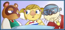  2021 4_fingers accessory alice_(animal_crossing) animal_crossing anthro bangs beads big_ears big_nose black_eyes black_nose blonde_hair blue_background blue_border blue_eyes border brown_body brown_fur button_(fastener) canid canine clothed clothed_anthro clothed_female clothed_male clothing colored comb_over cookieboy011 digital_drawing_(artwork) digital_media_(artwork) english_description eye_contact eyelashes eyewear female female_anthro fingers freckled_face freckles fur gesture glasses green_clothing green_topwear green_vest grey_body grey_eyewear grey_glasses group hair hair_accessory hair_beads hand_gesture hand_on_chin koala light lighting looking_at_another lyle_(animal_crossing) male male_anthro mammal marsupial mouthless multicolored_body multicolored_clothing multicolored_fur multicolored_hair multicolored_shirt multicolored_tank_top multicolored_topwear mustelid necktie nintendo no_pupils orange_inner_ear otter paper pattern_clothing pattern_shirt pattern_tank_top pattern_topwear pink_inner_ear pink_nose pointing raccoon_dog red_clothing red_freckles red_necktie red_suit shaded shirt short_hair simple_background story story_in_description striped_clothing striped_shirt striped_tank_top striped_topwear stripes suit tank_top tanuki teeth thinking tom_nook_(animal_crossing) topwear trio two_tone_body two_tone_fur two_tone_hair vest vombatiform whisker_spots whiskers white_clothing white_dress_shirt white_shirt white_tank_top white_topwear yellow_body yellow_fur yellow_necktie 