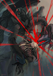  1boy 1other arched_back biting biting_another&#039;s_hand black_coat black_gloves black_pants blonde_hair coat dappled_sunlight dragon facing_another ghetsis_(pokemon) gloves grey_background highres hydreigon injury leaning_back light_rays looking_at_another midair multiple_heads pants pokemon pokemon_(creature) pokemon_bw red_eyes sunlight surprised user_udxm5277 wide-eyed 