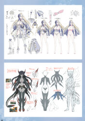  2girls absurdres black_hair blonde_hair breasts bridal_gauntlets claws cleavage colored_skin concept_art demon_girl demon_horns demon_tail eye_tattoo facial_tattoo flower_bra grey_skin hair_ornament hairpin highres horns hyoki_(senran_kagura) large_breasts long_hair minori_(senran_kagura) multicolored_hair multiple_girls multiple_hairpins multiple_views navel non-web_source panties pointy_ears prehensile_hair purple_hair purple_petals senran_kagura senran_kagura_new_link showgirl_skirt snake_print suiren_(senran_kagura) tail tattoo thighhighs translation_request underwear white_eyes white_lily white_thighhighs yaegashi_nan 