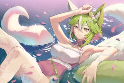  animal_ear_fluff animal_ears arm_up armpits bare_arms boshke breasts commentary commission crossed_bangs dango dango_hair_ornament double-parted_bangs english_commentary female food food-themed_hair_ornament fox_ears fox_girl fox_tail green_hair hair_between_eyes hair_ornament hairclip heart heart-shaped_pupils highres large_breasts looking_at_viewer lying lying_on_water multiple_tails on_back one-piece_swimsuit original parallel_hairclips parted_lips petals pink_eyes pink_one-piece_swimsuit sanshoku_dango short_hair skewer smile solo swimsuit symbol-shaped_pupils tail thighhighs vgen_commission wagashi water white_thighhighs 
