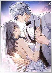  1boy absurdres alternate_costume antenna_hair arm_around_waist bare_shoulders black_bow black_bowtie black_vest blue_eyes bow bowtie breasts bridal_gauntlets bridal_veil bride closed_mouth collared_shirt commentary couple dress dress_flower earrings english_commentary falling_petals female flower grey_hair groom hand_on_another&#039;s_back hand_on_another&#039;s_chest highres holding_hands honkai:_star_rail honkai_(series) jacket jewelry light_smile long_hair looking_at_another medium_breasts moonimu_art neck_tattoo outdoors pearl_earrings petals phainon_(honkai:_star_rail) ring shirt short_hair stelle_(honkai:_star_rail) straight strapless strapless_dress sunrise tattoo trailblazer_(honkai:_star_rail) upper_body veil vest wedding_dress wedding_ring white_dress white_jacket white_shirt yellow_eyes 