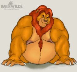  2025 anthro areola belly big_belly claws disney felid fur hi_res husky2paws lion looking_at_viewer male mammal mane moobs mouth_closed mufasa nipples nude obese obese_anthro obese_male overweight overweight_anthro overweight_male pantherine pounce signature smile smiling_at_viewer solo the_lion_king whiskers 