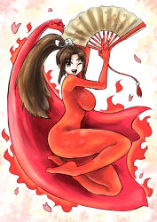 ;d bodysuit breasts brown_eyes brown_hair cape cherry_blossoms cloak fatal_fury female fire floral_print folded_fan folding_fan full_body hair_ribbon hand_fan happy high_ponytail highres holding holding_fan holding_weapon impossible_clothes kicdon large_breasts latex latex_bodysuit long_hair looking_at_viewer one_eye_closed open_mouth petals ponytail profile red_bodysuit red_cape ribbon rose_petals shiranui_mai sideboob skin_tight smile snk solo the_king_of_fighters weapon 